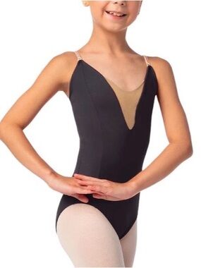 So Danca Black Lory Mesh V-Front Camisole Leotard SL104 - Sz 12-14 Girls